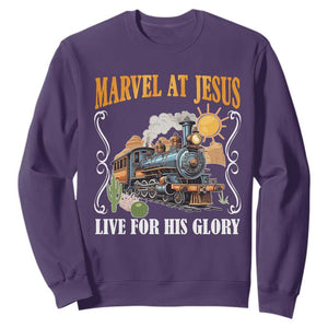 Summer VBS 2025 Sweatshirt Marvel at Jesus Live for His Glory Christian Bible Camp TS02 Purple Print Your Wear