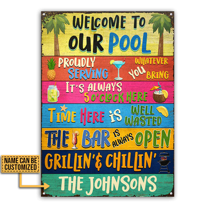Personalized Swimming Pool Bar Grilling Welcome Metal Signs CTM One Size 24x18 inch (60.96x45.72 cm) Custom - Printyourwear
