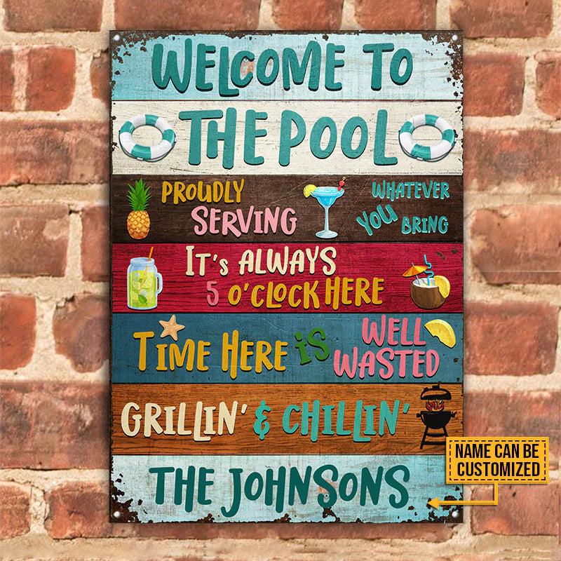 Personalized Metal Sign Swimming Pool Proudly Serving Grillin CTM One Size 24x18 inch (60.96x45.72 cm) Custom - Printyourwear