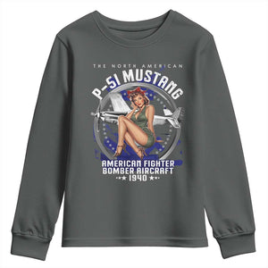 The North American P 51 Mustang American Fighter Bomber Aircraft Youth Sweatshirt WW2 Aircraft Pin Up Girl TS11 Dark Heather Print Your Wear