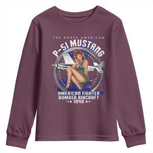 The North American P 51 Mustang American Fighter Bomber Aircraft Youth Sweatshirt WW2 Aircraft Pin Up Girl TS11 Maroon Print Your Wear
