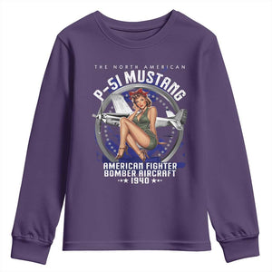 The North American P 51 Mustang American Fighter Bomber Aircraft Youth Sweatshirt WW2 Aircraft Pin Up Girl TS11 Purple Print Your Wear