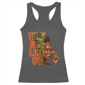 They Not Like Us Afro Queen Racerback Tank Top Melanin Magic Woman witth Headwrap and Sunglasses TS02 Dark Heather Print Your Wear