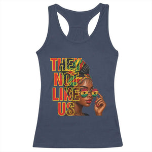 They Not Like Us Afro Queen Racerback Tank Top Melanin Magic Woman witth Headwrap and Sunglasses TS02 Navy Print Your Wear