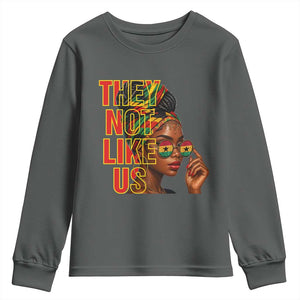 They Not Like Us Afro Queen Youth Sweatshirt Melanin Magic Woman witth Headwrap and Sunglasses TS02 Dark Heather Print Your Wear