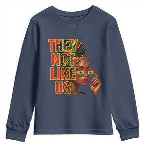 They Not Like Us Afro Queen Youth Sweatshirt Melanin Magic Woman witth Headwrap and Sunglasses TS02 Navy Print Your Wear