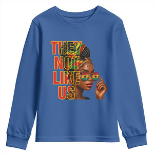 They Not Like Us Afro Queen Youth Sweatshirt Melanin Magic Woman witth Headwrap and Sunglasses TS02 Royal Blue Print Your Wear