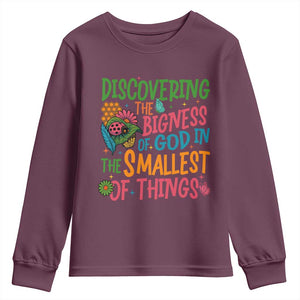 VBS 2025 Insects Adventure Youth Sweatshirt Discovering the Bigness of God in the Smallest of Things TS02 Maroon Print Your Wear