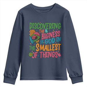 VBS 2025 Insects Adventure Youth Sweatshirt Discovering the Bigness of God in the Smallest of Things TS02 Navy Print Your Wear