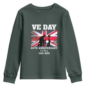 VE Day 80th Anniversary Youth Sweatshirt Victory in Europe Union Flag WWII Remembrance TS02 Dark Forest Green Print Your Wear