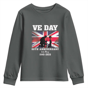 VE Day 80th Anniversary Youth Sweatshirt Victory in Europe Union Flag WWII Remembrance TS02 Dark Heather Print Your Wear