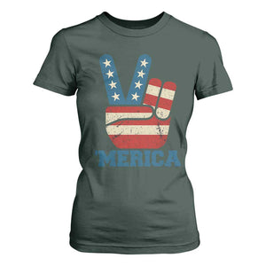 Vintage Merica Peace Sign T Shirt For Women Retro Patriotic 4th of July USA Flag TS02 Dark Forest Green Print Your Wear