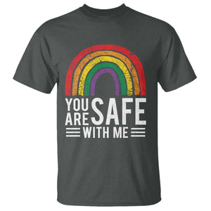 You Are Safe With Me T Shirt Retro Rainbow LGBTQ Ally Pride TS10 Dark Heather Print Your Wear