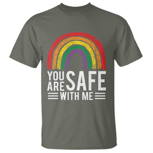 You Are Safe With Me T Shirt Retro Rainbow LGBTQ Ally Pride TS10 Military Green Print Your Wear