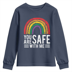 You Are Safe With Me Youth Sweatshirt Retro Rainbow LGBTQ Ally Pride TS10 Navy Print Your Wear