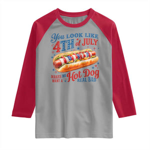 You Look Like 4th of July Hot Dog Raglan Shirt Funny Patriotic Food Meme TS10 Sport Gray Red Print Your Wear