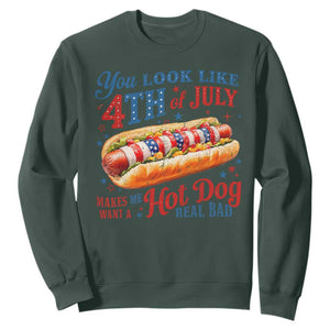 You Look Like 4th of July Hot Dog Sweatshirt Funny Patriotic Food Meme TS10 Dark Forest Green Print Your Wear