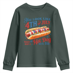 You Look Like 4th of July Hot Dog Youth Sweatshirt Funny Patriotic Food Meme TS10 Dark Forest Green Print Your Wear