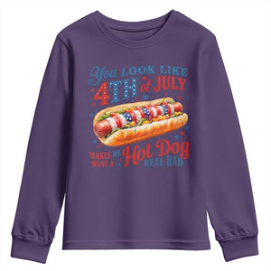You Look Like 4th of July Hot Dog Youth Sweatshirt Funny Patriotic Food Meme TS10 Purple Print Your Wear