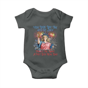 You Look Like The 4th Of July Makes Me Want A Hot Dog Real Bad Baby Onesie Funny 4th July Hot Dog Meme TS10 Dark Heather Print Your Wear