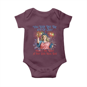 You Look Like The 4th Of July Makes Me Want A Hot Dog Real Bad Baby Onesie Funny 4th July Hot Dog Meme TS10 Maroon Print Your Wear