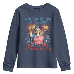 You Look Like The 4th Of July Makes Me Want A Hot Dog Real Bad Youth Sweatshirt Funny 4th July Hot Dog Meme TS10 Navy Print Your Wear