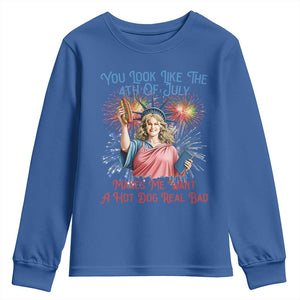 You Look Like The 4th Of July Makes Me Want A Hot Dog Real Bad Youth Sweatshirt Funny 4th July Hot Dog Meme TS10 Royal Blue Print Your Wear