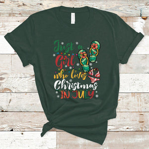 A Girl Who Loves Christmas In July T Shirt Summer Beach Flip Flops TS02 Dark Forest Green Printyourwear