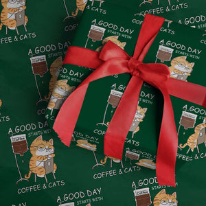 A Good Day Starts With Coffee And Cats Wrapping Paper Roll Funny Purrfect Morning TS12 Green Print Your Wear