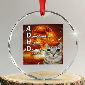 ADHD Cat Meme Crystal Glass Ornament Funny Kitty Flames Neurodivergent Gen Z TS10 Transparent Glass 3'' Circle Print Your Wear