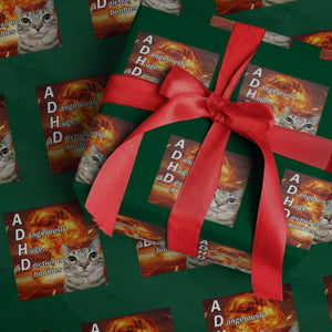 ADHD Cat Meme Wrapping Paper Roll Funny Kitty Flames Neurodivergent Gen Z TS10 Green Print Your Wear