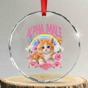 Alpha Male Funny Cat Crystal Glass Ornament Vintage 90s Kitten Rainbow Floral Butterflies