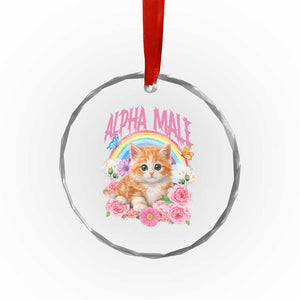 Alpha Male Funny Cat Crystal Glass Ornament Vintage 90s Kitten Rainbow Floral Butterflies