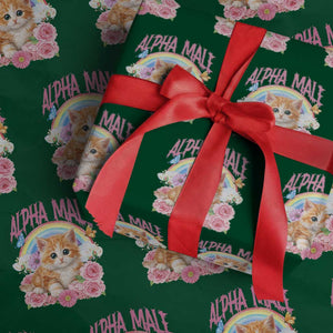 Alpha Male Funny Cat Wrapping Paper Roll Vintage 90s Kitten Rainbow Floral Butterflies