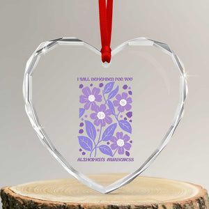 Alzheimers Purple Floral Retro Graphic Heart Crystal Glass Ornament I Will Remember For You