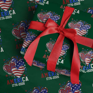 America 1776-2026 Patriotic Hearts Wrapping Paper Roll Semiquincentennial 250th Anniversary Red White Blue Stars and Stripes TS02 Green Print Your Wear