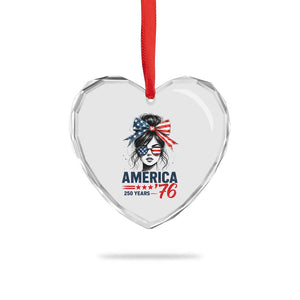America 250 Years Heart Crystal Glass Ornament 250th Anniversary USA Patriotic Girl Messy Bun 1776 2026