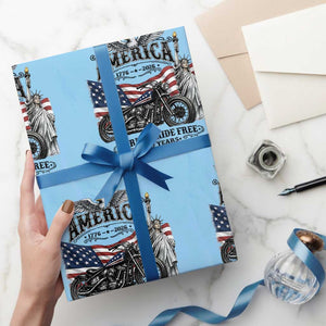 America Born to Ride Free 250 Years Biker Wrapping Paper Roll American Flag Chopper Motorcycle Statue of Liberty 1776 to 2026 Semiquincentennial