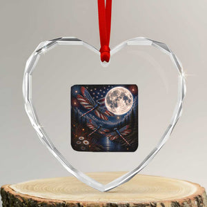 American Flag Dragonfly Patriotic 4th Of July Heart Crystal Glass Ornament