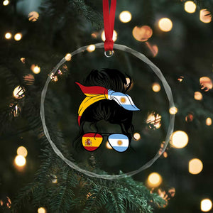 Argentina Spain Flag Messy Bun Girl Graphic Crystal Glass Ornament Cool Latina Argentine Spanish Pride Match Day