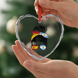 Argentina Spain Flag Messy Bun Girl Graphic Heart Crystal Glass Ornament Cool Latina Argentine Spanish Pride Match Day