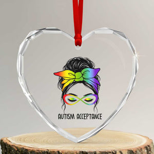 Autism Acceptance Heart Crystal Glass Ornament Neurodiversity Awareness Messy Bun Women TS14 Transparent Glass 3'' Heart Print Your Wear