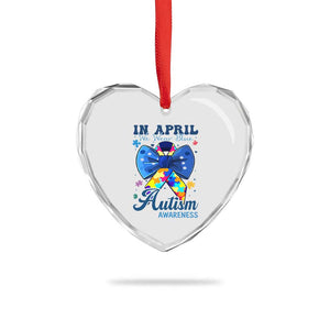 Autism Awareness Heart Crystal Glass Ornament In April We Wear Blue Puzzle Ribbon Coquette Bow TS02 Print Your Wear