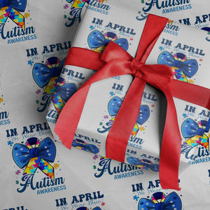 Autism Awareness Wrapping Paper Roll In April We Wear Blue Puzzle Ribbon Coquette Bow TS02 White Print Your Wear