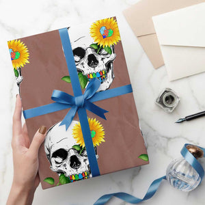 Autism Skull Sunflower Wrapping Paper Roll Support Autistic Puzzle Pieces Heart TS02 Mocha Print Your Wear