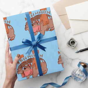Baby Hippo Moo Deng Wrapping Paper Roll Bouncy Pig in Thai Picture The Cute Pygmy Hippopotamus TS02 Light Blue Print Your Wear