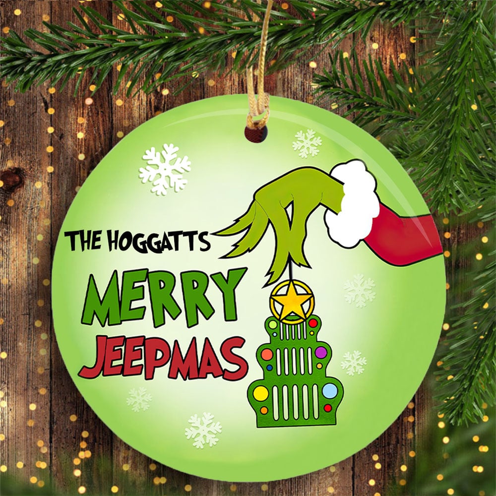 Personalized Jeep Christmas Ornaments Jp Grinch Merry CTM Ornament Custom - Printyourwear