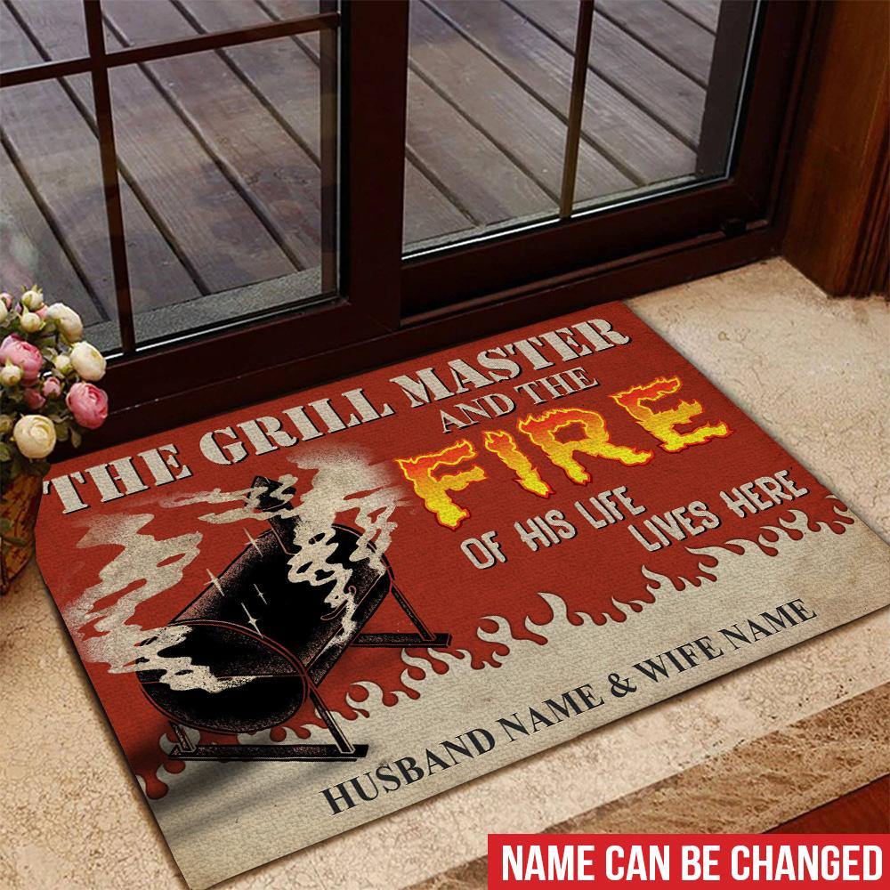 Personalized Family Gift BBQ Grill Master Lives Here With Flame Of His Life Doormat CTM Custom - Printyourwear