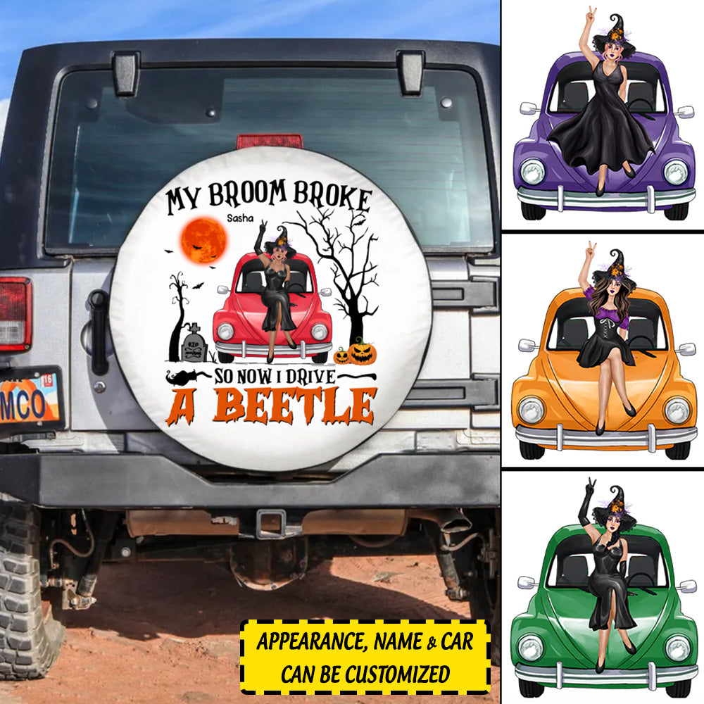 Custom Jeep Tire Cover With Camera Hole, My Broom Broke So Now I Drive A Beetle Spare Tire Cover CTM Custom - Printyourwear