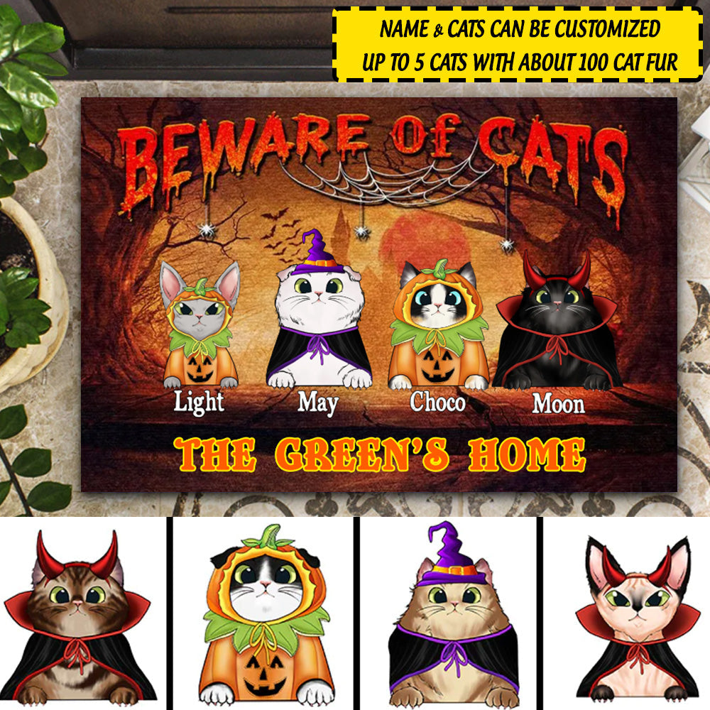 Personalized Halloween Decor Cats Cosplay Beware Of Cats Doormat CTM Custom - Printyourwear